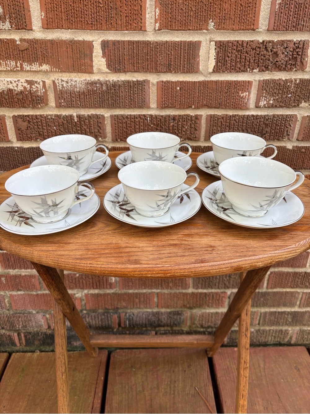 Kutani Japan Platinum Bamboo Mountain Asian Set of 6 Cups & Saucers Vintage